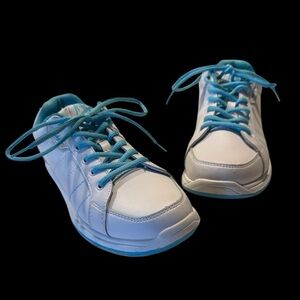 KR Strikeforce Satin Bowling Shoes in White and Aqua with FlexSlide Technology